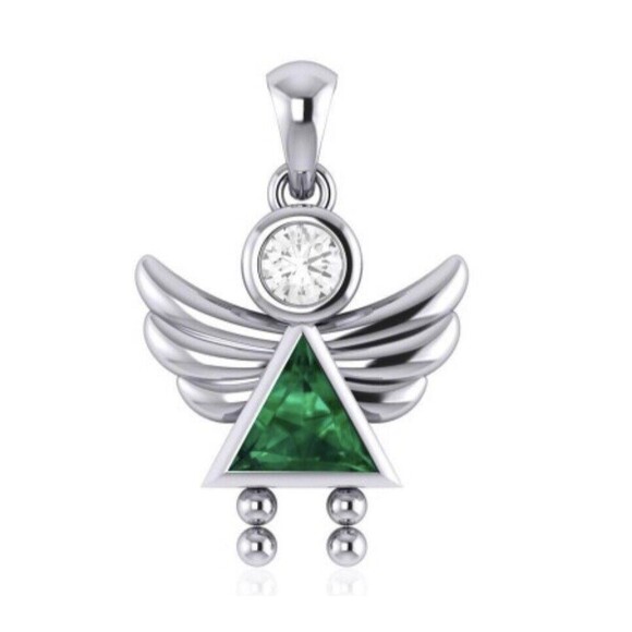 Sterling Silver Birthstone Angel Pendant With Emerald Color Cubic Zirconia New - Picture 1 of 5